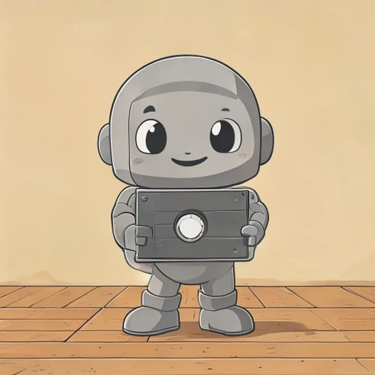 A cute stone golem rolling a hard drive across a wooden floor, in Dragon Quest art style